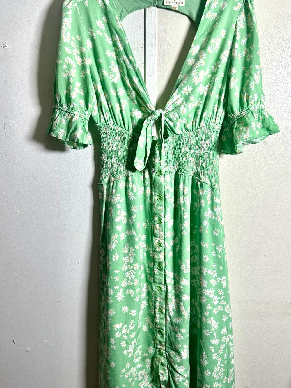 Lost + Wander Mint Green Floral Tie-Front Midi Dress